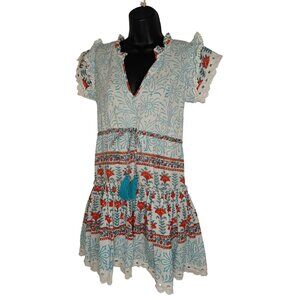 Charlee Women's Bohemian Floral Dress With Lace Trim & Tassel Tie S